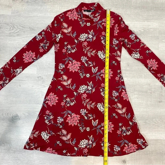 Rebel Sugar M Floral  Mock-Neck Long Sleeve Red Floral Print Dress with flare - Picture 8 of 17